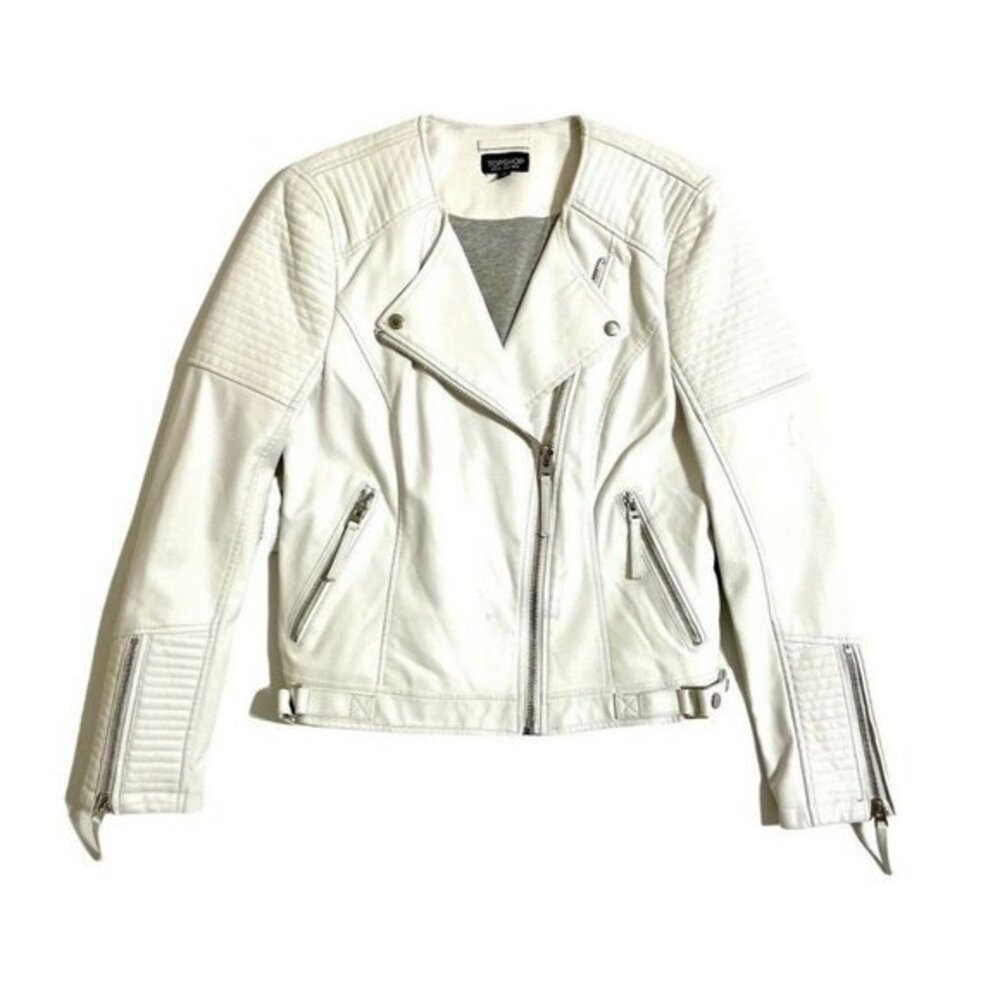 Topshop Faux Leather Moto Biker Jacket White Zip Vegan Leather SZ 10